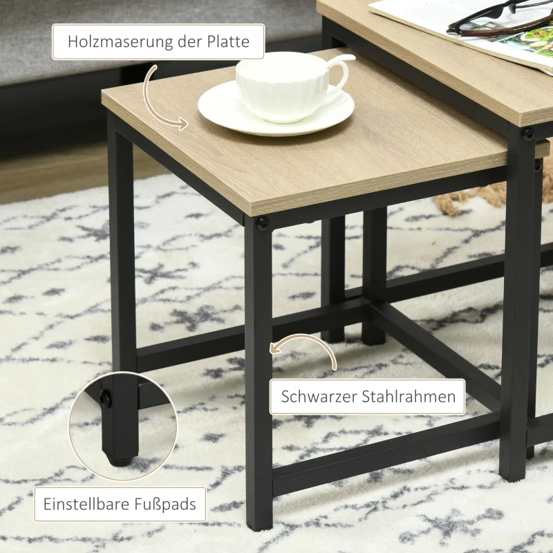 HOMCOM Set van 3 bijzettafels, industrieel ontwerp, zwart stalen frame, tafelblad met houteffect