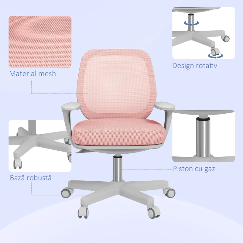 Vinsetto Scaun de birou ergonomic, reglabil pe înălțime, cu 5 roți, 55x48x82.5-94.5 cm, roz