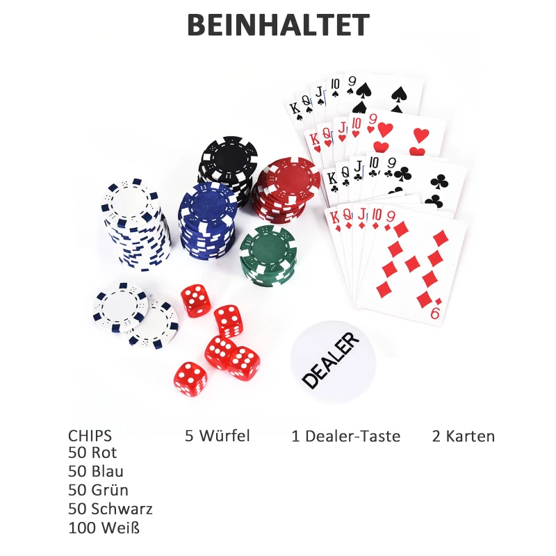 HOMCOM Pokerkoffer pokerset pokerchips 4/5 kleuren 2x kaartspel 5x dobbelstenen 1x aluminium koffer