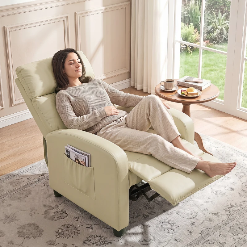 HOMCOM Recliner Armchair, Massage Faux Leather Push Back Reclining Chair with Adjustable Leg Rest, Side Pocket, Cream White