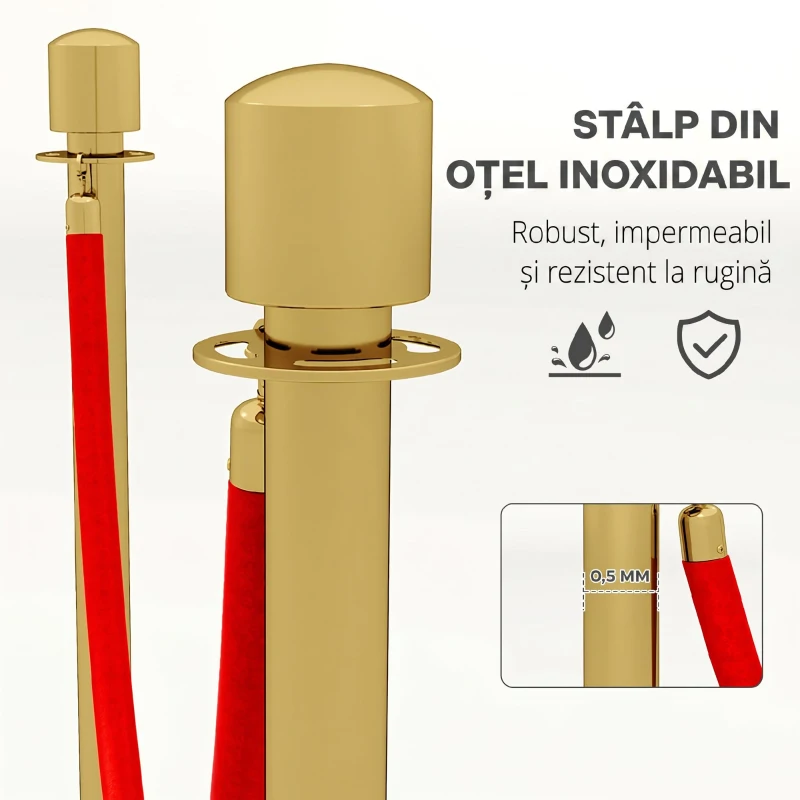 HOMCOM Stâlpi de Delimitare din Oțel Inoxidabil Aurii cu Frânghie Catifelată Roșie de 1,5 m și Bază Reîncărcabilă, Ø32x96 cm