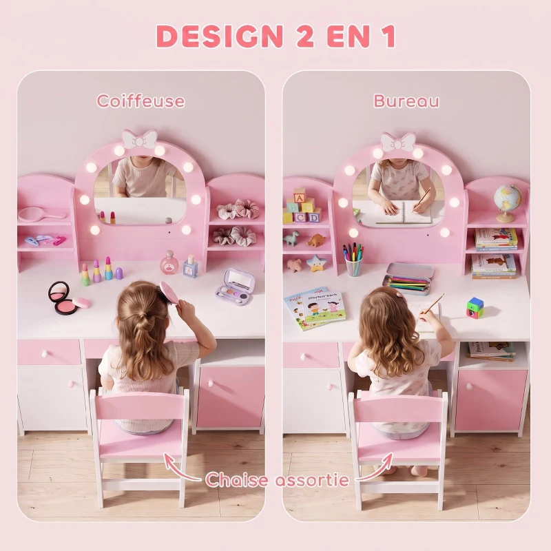 AIYAPLAY Coiffeuse pour Enfants avec Tabouret et Miroir Lumineux à 2 Couleurs en Acrylique, pour 3-8 Ans, 90 x 41 x 104 cm, Rose