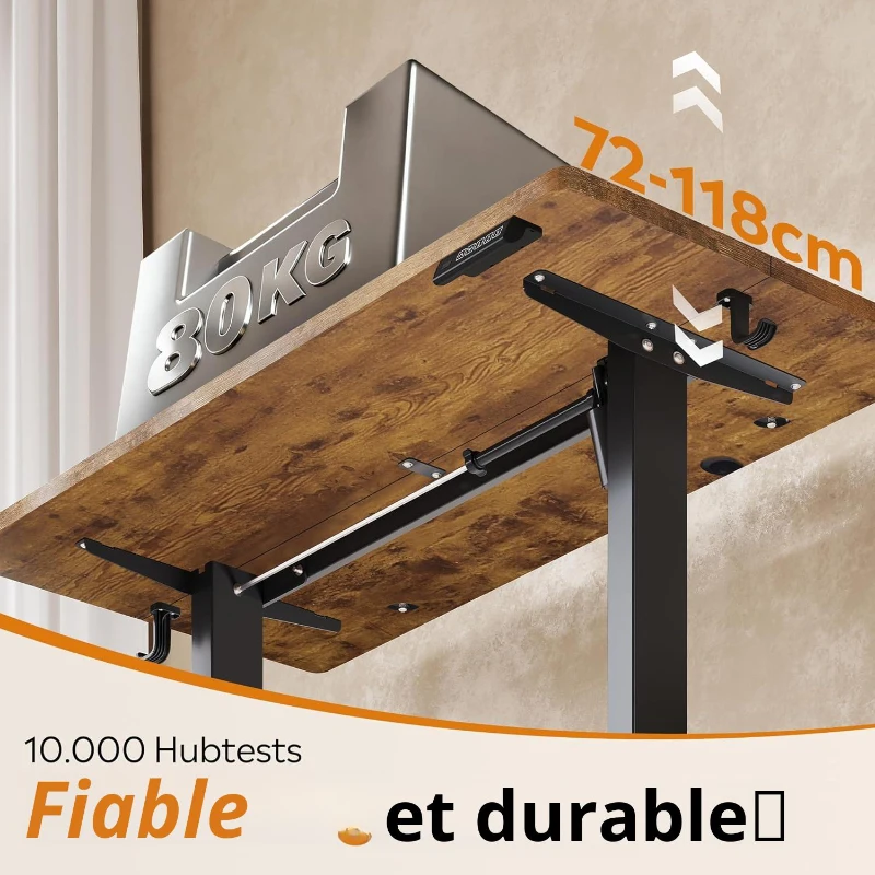 Bureau assis-debout électrique, moteur silencieux avec mémoire 3‑positions et système anti‑collision, 120 × 60 cm, 120x60x72-120 cm, Marron