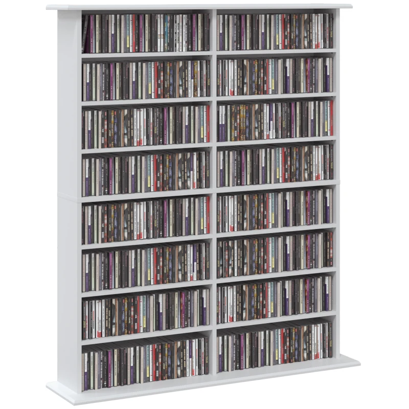 HOMCOM Mediarek, 8 niveaus, dvd-rek met 12 verstelbare planken, 16 vakken, voor 720 cd's, wit