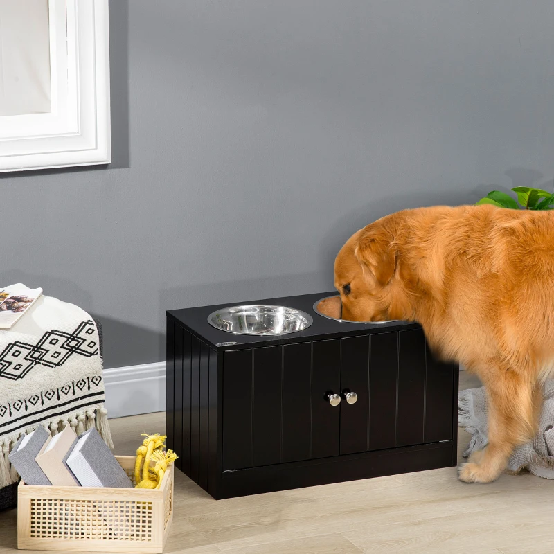 PawHut Verhoogd voerstation met 2 RVS kommen en 44 L opbergruimte, magnetische deuren, voor grote honden, zwart(m-2)