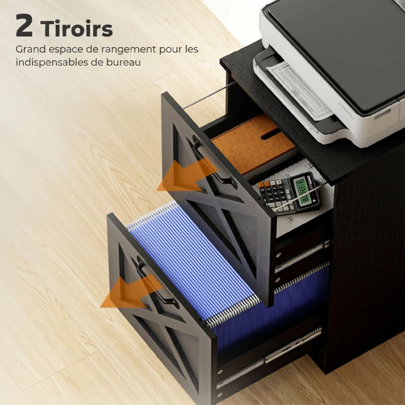 HOMCOM Caisson de Bureau avec 2 Tiroirs, Dossiers Suspendus pour Formats Lettre/A4, Style Rustique, 40x40x71cm, Noir
