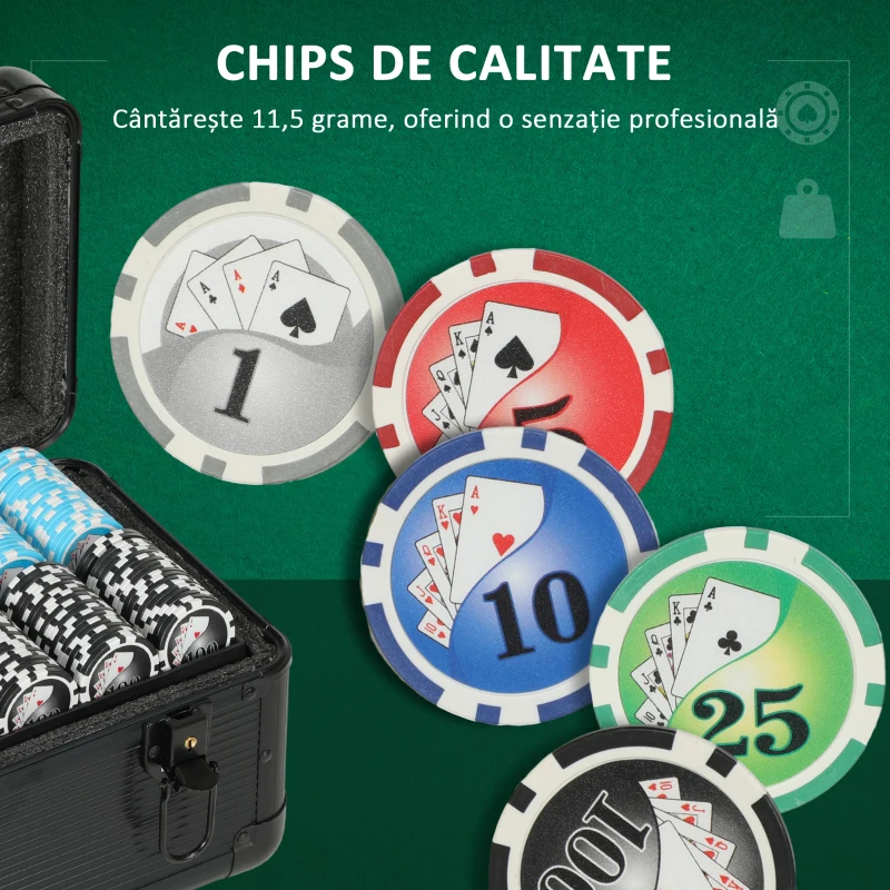 Set SPORTNOW Poker cu 600 Jetoane pentru 12 Jucători cu Geantă, 2 Pachete de Cărți și Covoraș, Negru