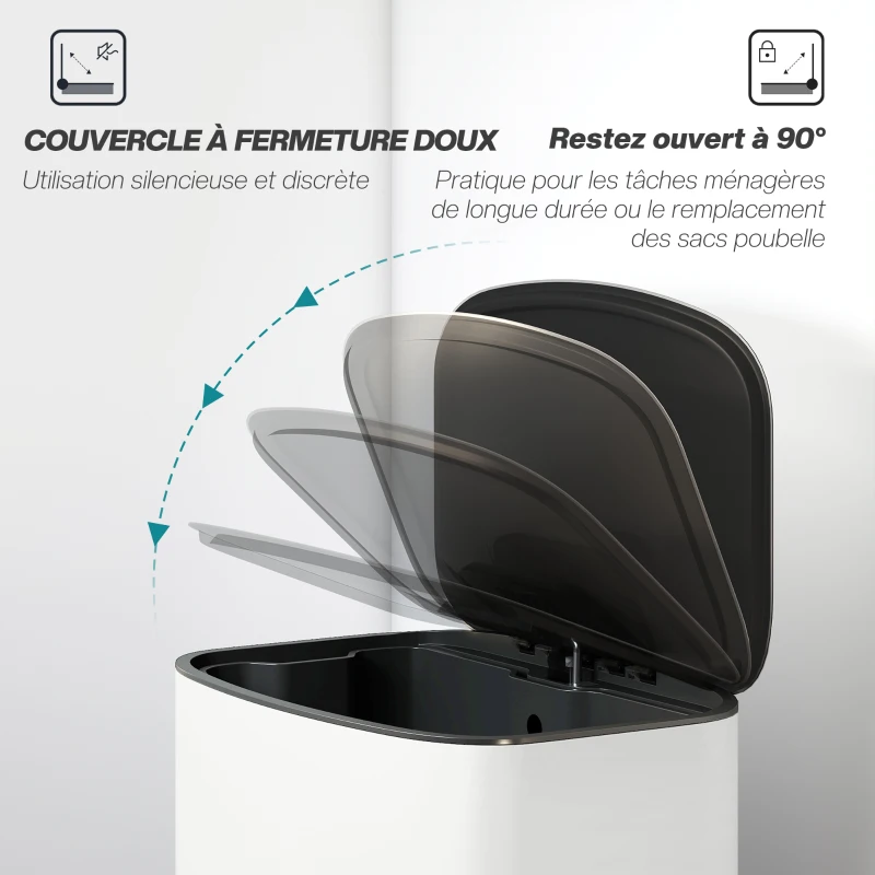 HOMCOM Poubelle cuisine 50L, poubelle à pédale, seau intérieur amovible, couvercle à fermeture douce, 45,1x36,5x62,6cm, crème