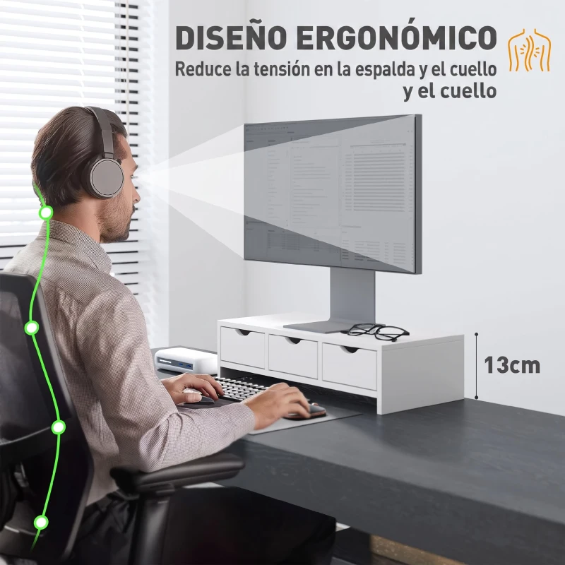 HOMCOM Elevador Monitor, Soporte para Monitor Escritorio con 3 Cajones para PC Portátil 51x24x13 cm Blanco