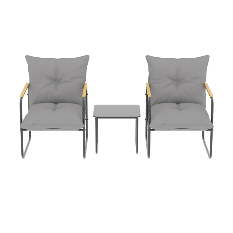 Outsunny Salon de Jardin 3 Pièces, 2 Fauteuils avec Coussins Épais, 1 Table Basse en Verre Trempé, 59x73x72cm, Gris Foncé
