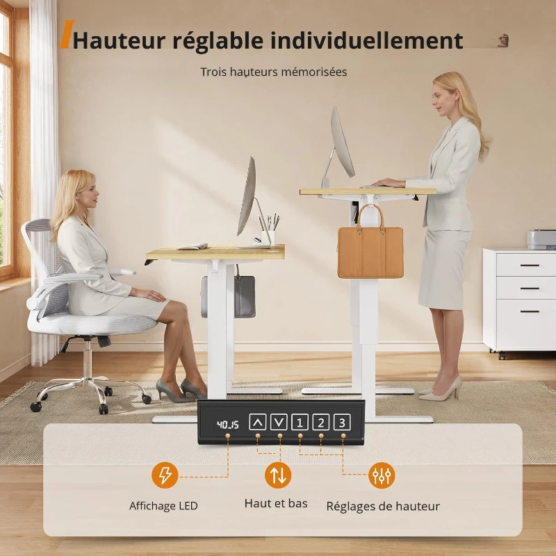 Bureau réglable en hauteur électrique, moteur silencieux avec mémoire 3 positions et système anti-collision, 120 × 60 cm, 120x60x72-118 cm, coloris chêne
