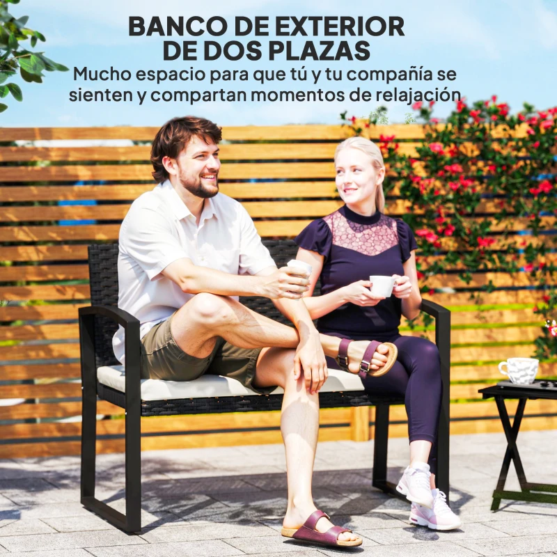 Outsunny Banco de Ratán Sintético para 2 Personas 103x58x78 cm con Cojín Respaldo Inclinado y Estructura de Acero Galvanizado