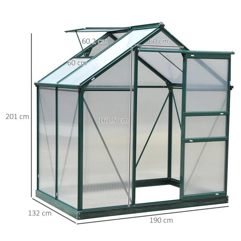 Outsunny 6 x 4ft Polycarbonate Greenhouse, Large Walk in Green House with Slide Door and Window, Garden Plants Grow House with Aluminium Frame and Foundation, Dark Green