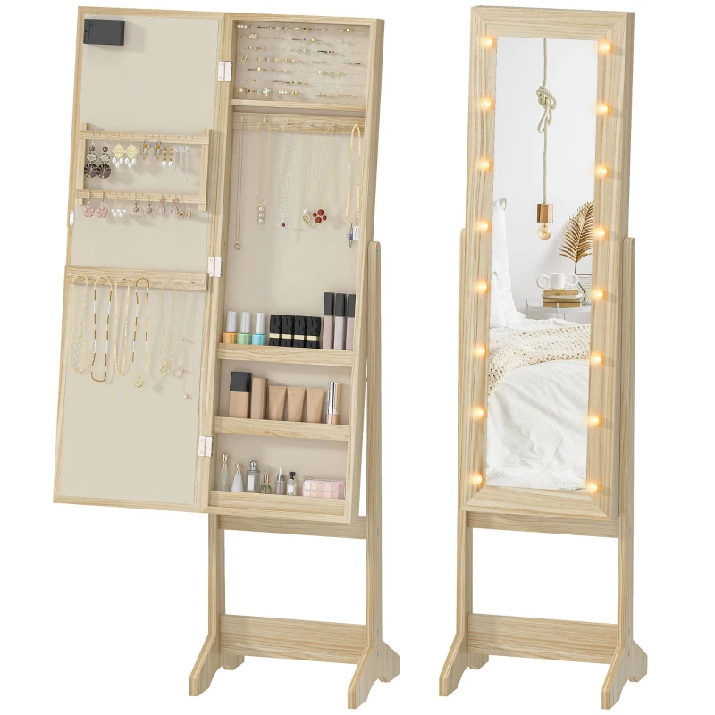 HOMCOM Oglindă Joyero cu Lumini LED Dulap pentru Bijuterii Dulap Joyero de Podea cu Oglindă Integrală Unghi Reglabil Lemn Natural