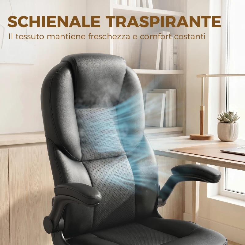 HOMCOM Sedia Ufficio Girevole, Funzione Dondolo, Braccioli Ribaltabili, Schienale Alto, Altezza Regolabile, Nero