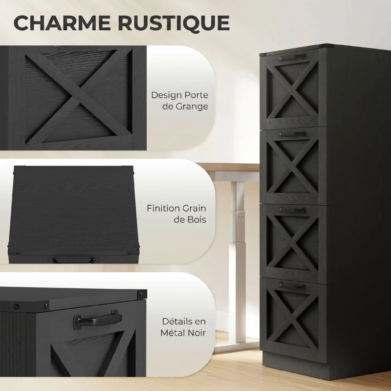 HOMCOM Caisson de Bureau avec 4 Tiroirs, Dossiers Suspendus pour Formats Lettre/A4, Style Rustique, 40x40x131cm, Noir