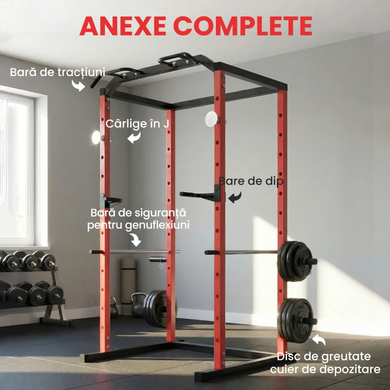 SPORTNOW Rack Reglabil pentru Genuflexiuni Power Cage cu Bară de Tracțiuni, 460 kg, Negru