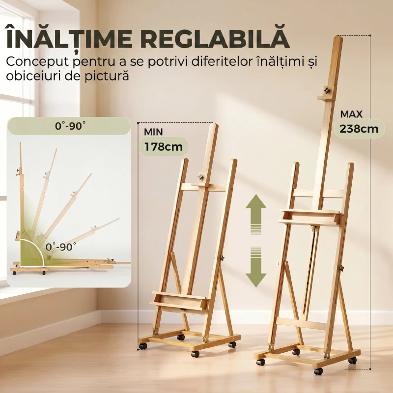 Vinsetto Șevalet Pictură Pliabil cu Roți, pentru Pânze, din Fag, Reglabil, Lemn de fag, Culoare Lemn