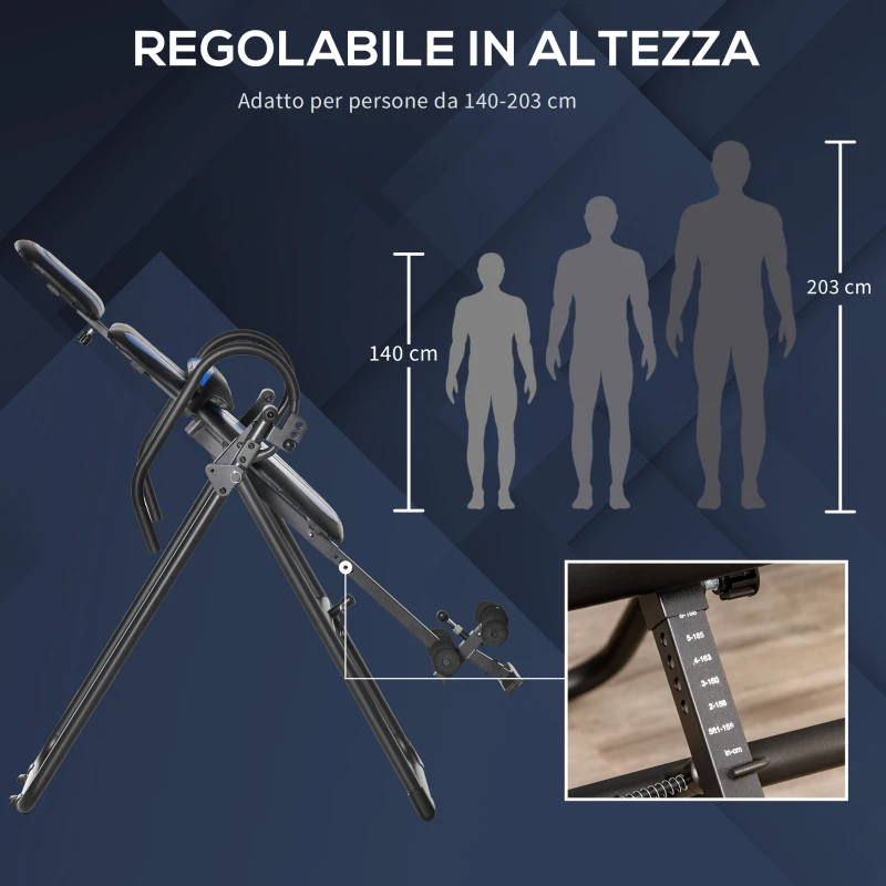 HOMCOM Panca a Inversione Gravitazionale Pieghevole con Lunghezza Regolabile da 140-203 cm e Ruote, Nero e Blu