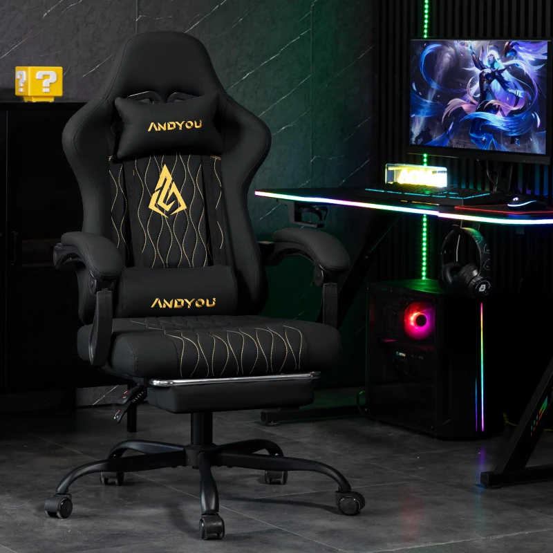 Fauteuil gaming avec repose-pieds, coussin doux pour la nuque et les lombaires, coussin de soutien amovible, 60x60x122 cm, Noir
