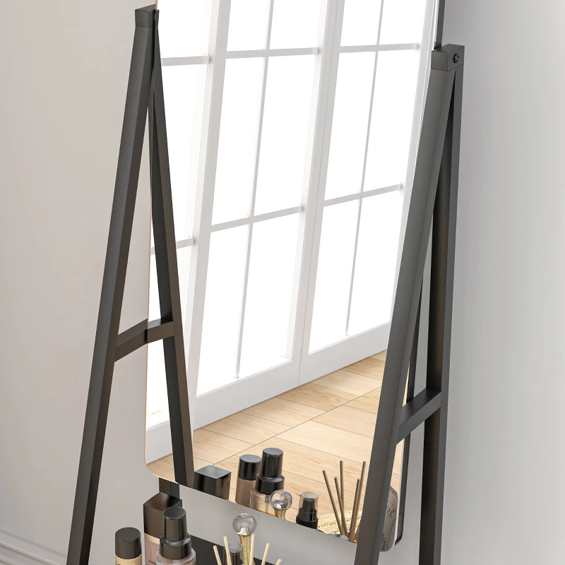 HOMCOM Free Standing Dressing Mirror, Rolling Full Length Mirror on Wheels with Adjustable Angle, Storage Shelves for Bedroom