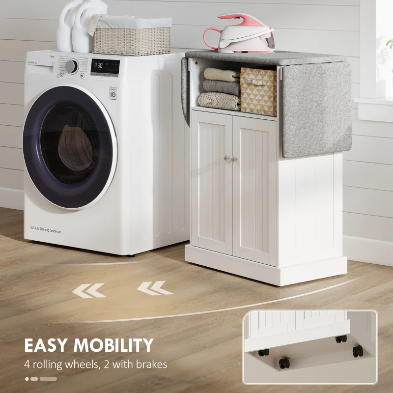HOMCOM Ironing Board Cabinet on Wheels with Foldable Top, Mobile Storage Cabinet with Ironing Board, Open Compartment, White