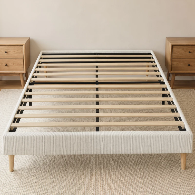 HOMCOM Cadru de pat 160 x 200 cm cu somieră, pat dublu tapițat din catifea moale, cu model striat, crem