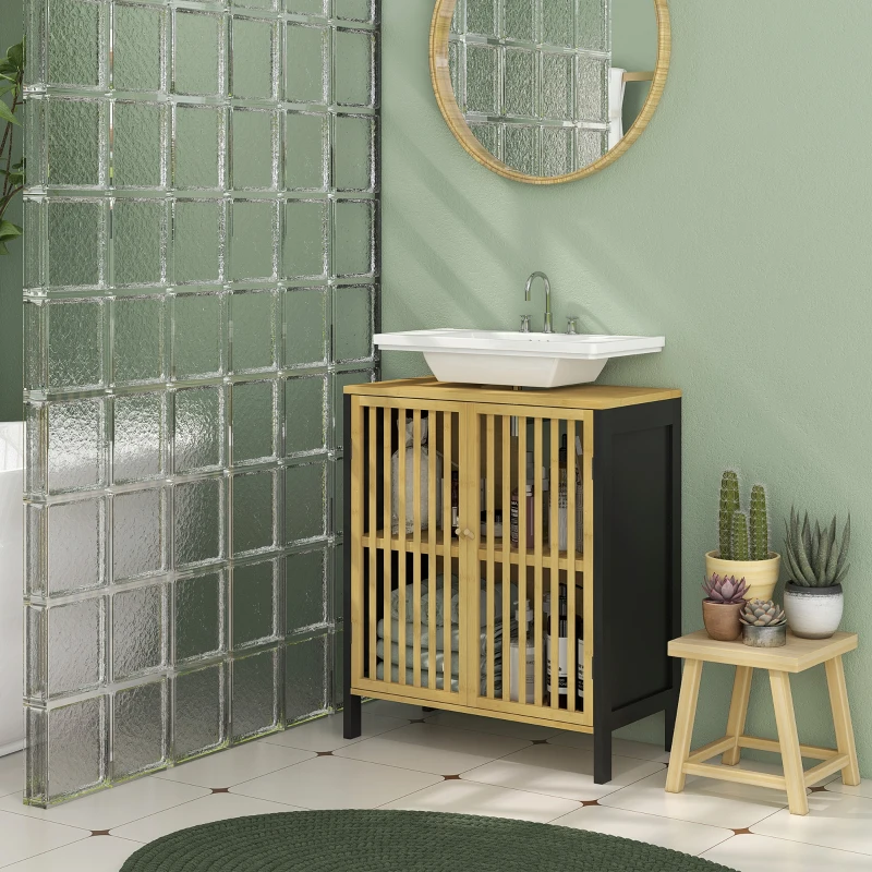 HOMCOM Mobile Sottolavabo Bagno con 2 Ante a Doghe in Legno di Bambù e MDF con Intaglio a U, 60x30x70cm