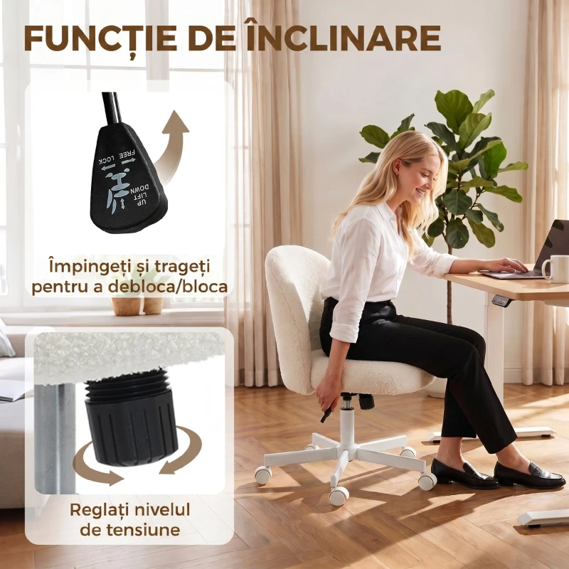 HOMCOM Scaun de Birou Rotativ fără Cotiere, Înălțime Reglabilă, Crem