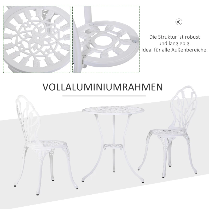 Outsunny zitgroep 3-delige eetgroep tuinmeubelset 1 tafel + 2 stoelen aluminium wit