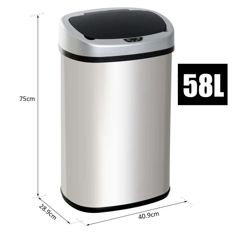 HOMCOM Cubo de Basura Apertura Automática Sensor Papelera Reciclaje para Cocina Dormitorio 58L Acero Inox