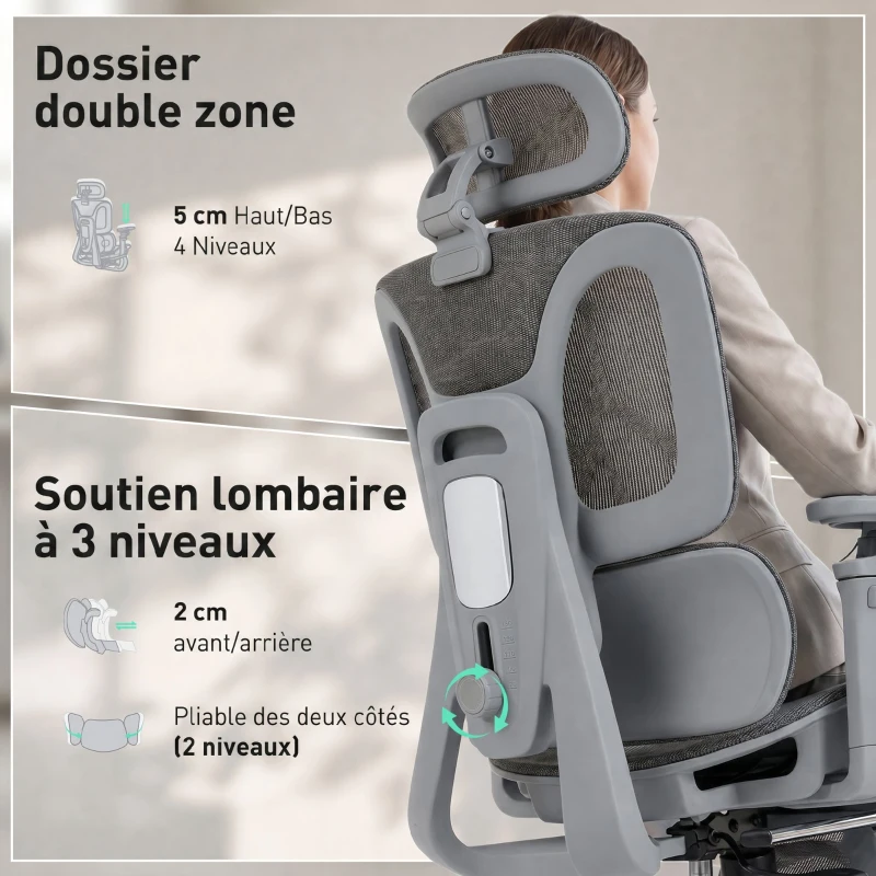 HOMCOM Chaise Bureau Ergonomique avec Accoudoirs 6D Appui-Tête et Profondeur d'Assise Réglables Maille Gris