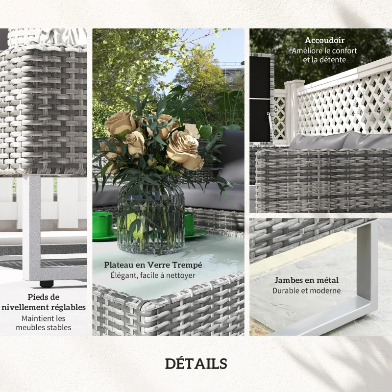 Outsunny Ensemble salon de jardin d'angle 4 places coussins déhoussables table basse coffre rangement acier époxy résine tressée