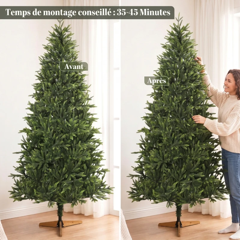 HOMCOM Sapin de Noël Artificiel 210 cm Nordmann, 1008 Pointes de Branches Articulées Réalistes en PE, Support en Bois, Vert