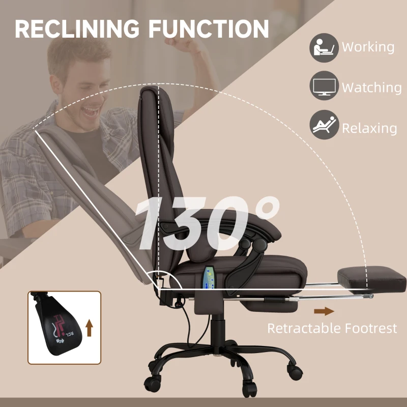 Vinsetto PU Leather Office Chair with 6-Point Vibration Massage, Reclining Chair Office with Footrest, Adjustable Height, Computer Chair, Brown