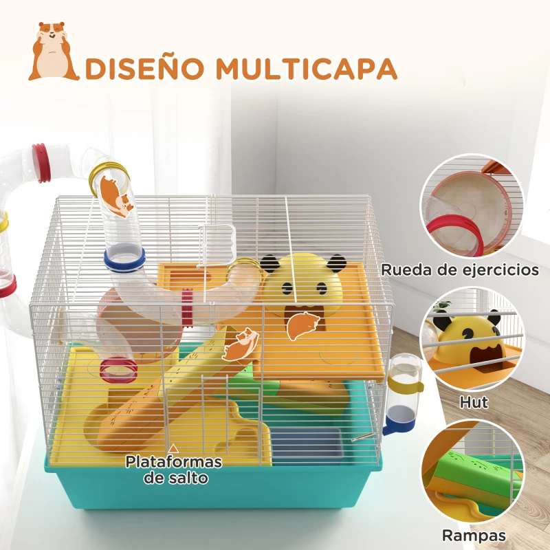 PawHut Jaula de Hámster con Túnel Plataformas Cuenco Bebedero Casita Rampas y Rueda de Ejercicio 45x28x37 cm Azul Claro