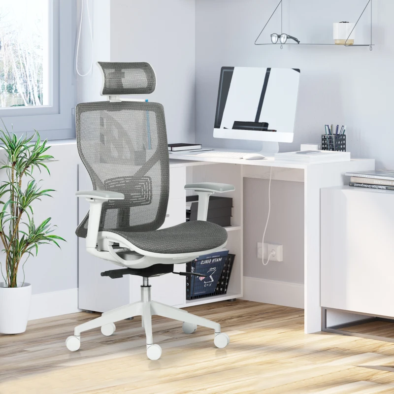 Vinsetto Silla de Oficina Giratoria Silla de Escritorio Ajustable en Altura con Reposabrazos Reposacabezas 67x65x120-128 cm Gris