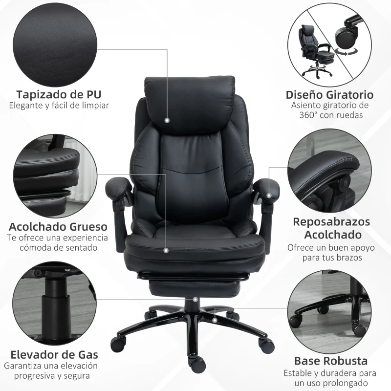Vinsetto Silla de Oficina Ergonómica Silla de Escritorio Ajustable en Altura con Respaldo Inclinable hasta 130° Función Basculante y Resposapiés Retráctil Acero 65,5x79x112-118 cm Negro