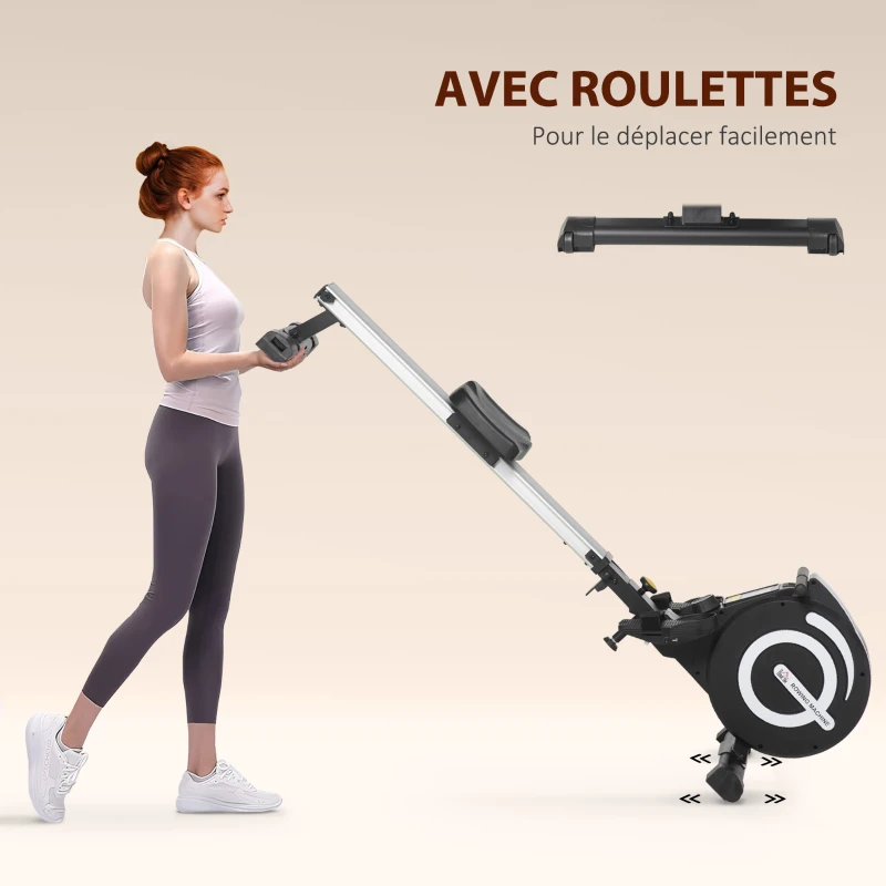 HOMCOM Rameur d'appartement Pliable freinage magnétique - Silencieux - 8 Niveaux de résistance magnétique - Glissière en Aluminium - écran LCD Multifonction - Acier alu. ABS Noir Argent