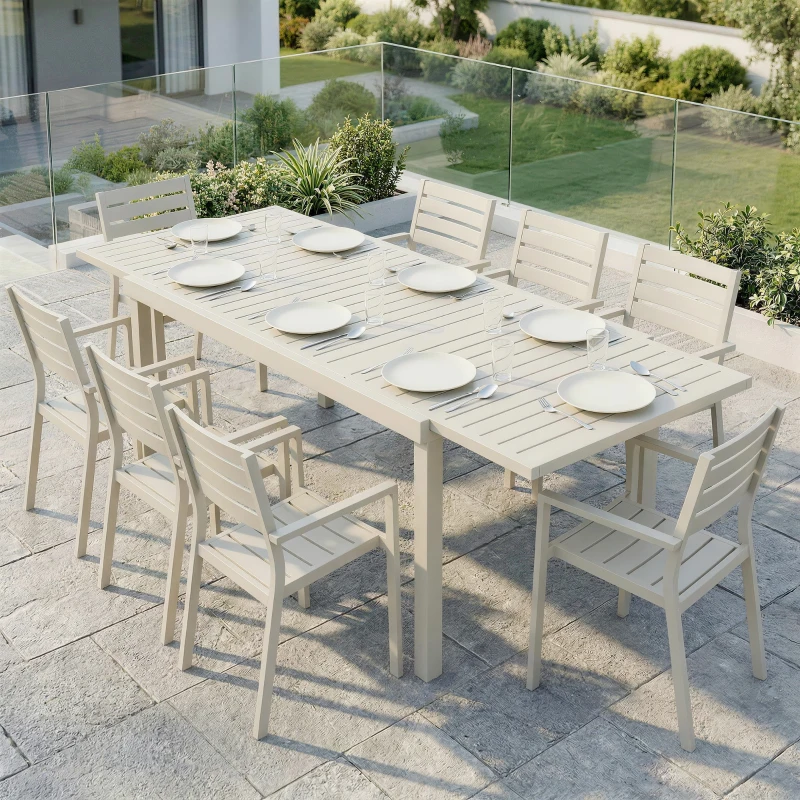 Outsunny Mesa de Jardín Extensible 150/225x85x75 cm Mesa de Comedor de Aluminio con Tablero de Listones para 6-8 Personas Blanco