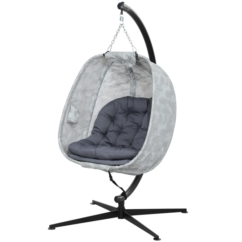 Outsunny Hanging Egg Chair Outdoor Indoor Garden Swing Chair with Folding Basket, Garden Hanging Chair with Stand, Thickened Cushion, Cup Holder for Patio, Balcony, Grey