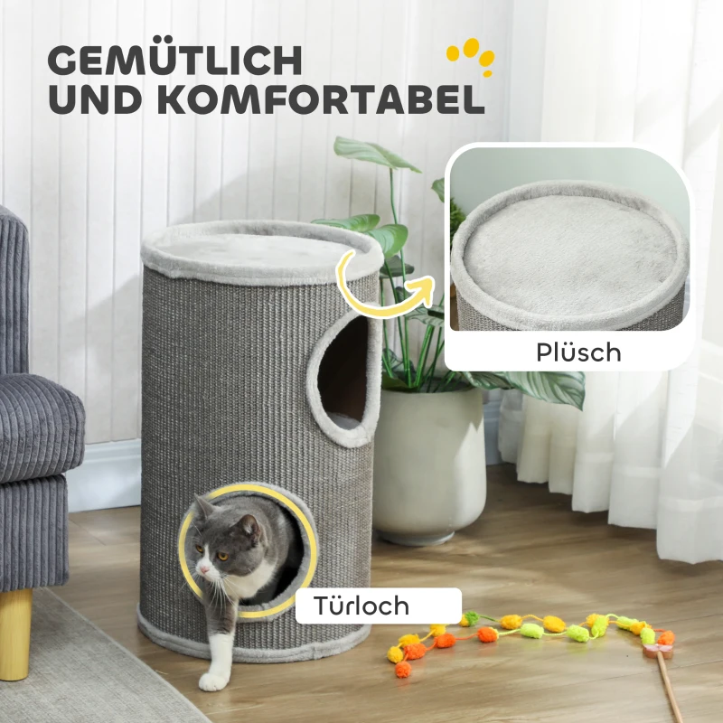 PawHut Krabton, Ø35 x 60 cm, tweelaagse kattenmeubel met 2 holletjes, pluche rand, voor 1-2 katten tot 5 kg, Lichtgrijs