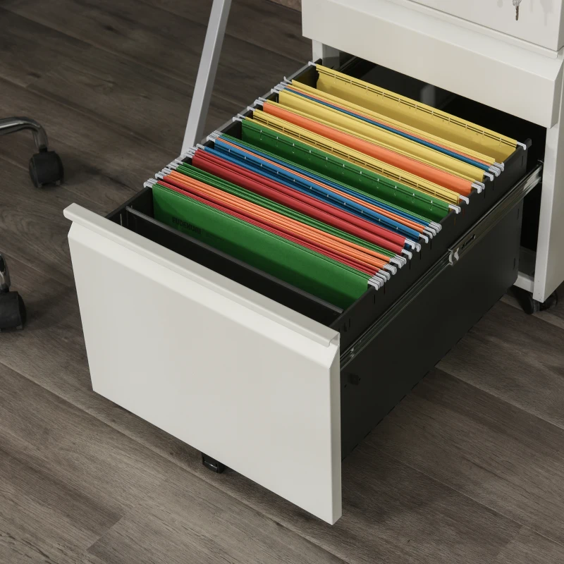 HOMCOM Rolcontainer met 3 lades – Mobiele archiefkast met wielen, afsluitbaar Bureau- en thuiskantoor kast met concave grepen, 39 x 48 x 60 cm,Wit