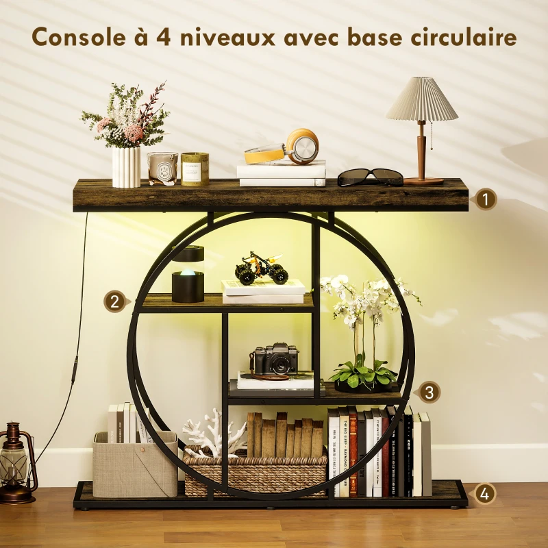 HOMCOM Console meuble avec éclairage LED 100 cm, table console à 4 niveaux avec étagères ouvertes, marron rustique et noir(m-5)