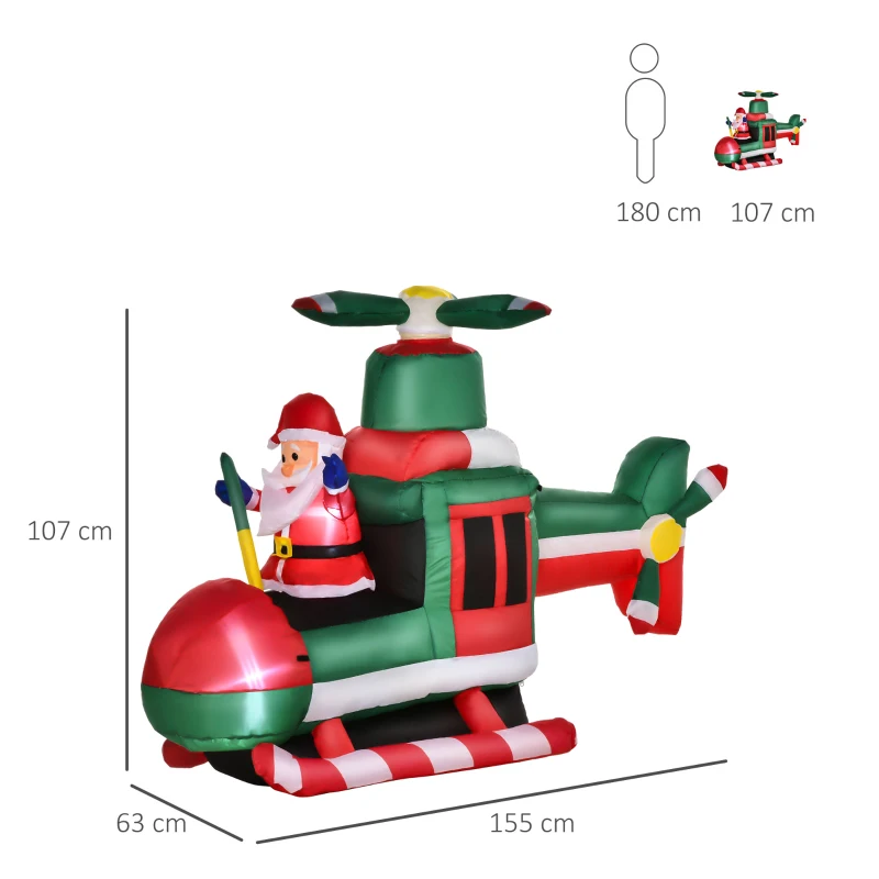 HOMCOM Babbo Natale Gonfiabile su Elicottero 107cm con 4 Luci LED e Gonfiatore, Decorazione Natalizia da Esterno