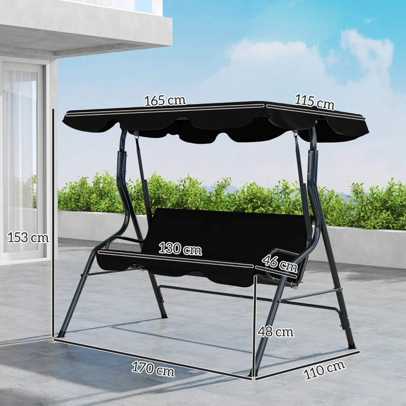 Outsunny Baloiço de Jardim de 2-3 Lugares com Toldo Ajustável Impermeável e Estrutura de Aço para Pátio Varanda 170x110x153 cm Preto