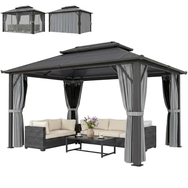 Outsunny 3 x 4m Hardtop Gazebo Canopy with UPF30+ Double Polycarbonate Roof, Aluminium Frame Garden Gazebo Permanent Pavilion with Mosquito Netting and Curtains for Patio, Deck, Grey