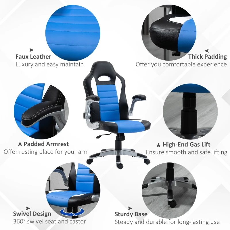 HOMCOM Racing Gaming Chair PU Leather Office Chair Executive Computer Desk Chair with Adjustable Height, Flip Up Armrest, Swivel Wheels, Blue