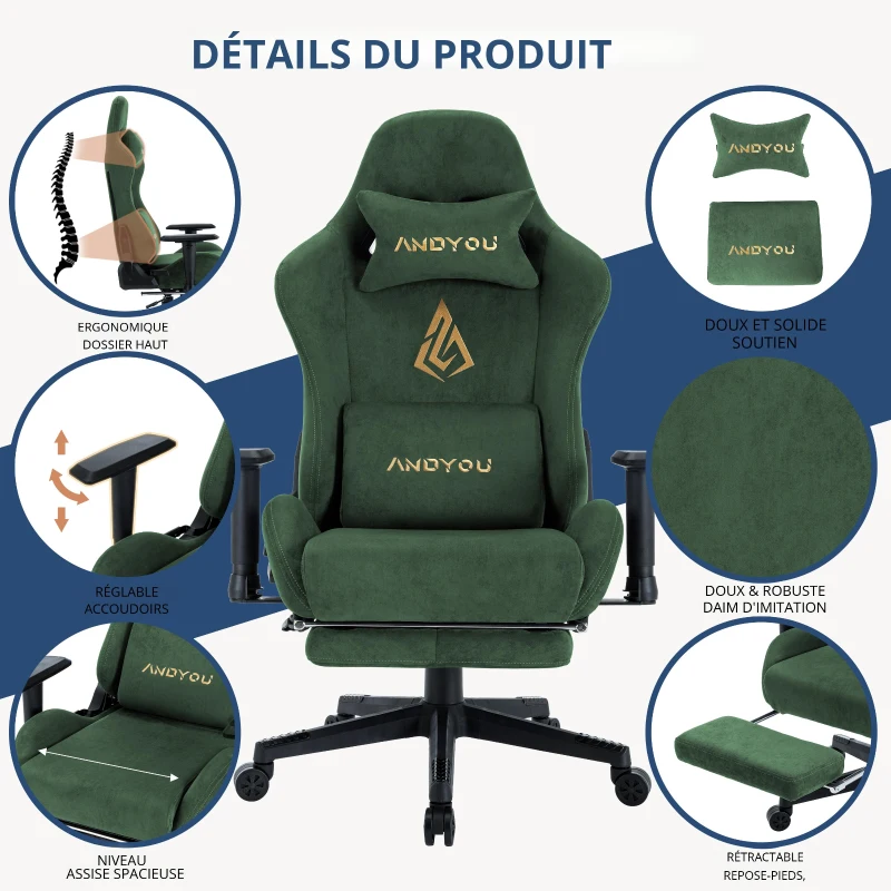 Fauteuil gaming avec repose-pieds, similicuir respirant, réglable en hauteur avec vérin à gaz, pivotant, 70x70x135 cm, Vert