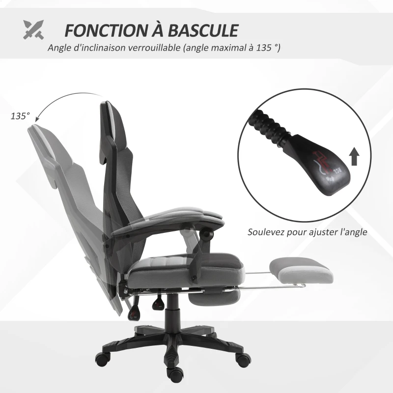 Vinsetto Chaise de bureau fauteuil gaming hauteur réglable dossier roulettes pivotantes repose-pied tissu en maille 58L x 63l x 112-122H cm gris noir